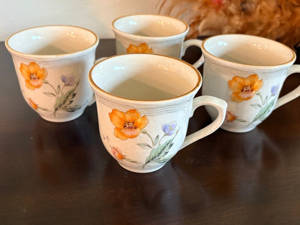 Vtg Tayoo Country Garden Japan Stoneware Mugs Floral 4 Cottagecore Wildflower